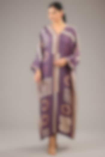 Orchid Purple Dupion Silk Block Printed Kaftan Set by Divyam Mehta