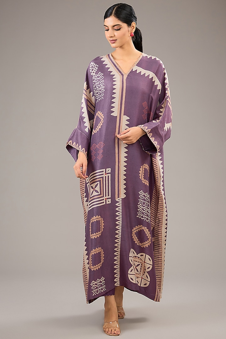 Orchid Purple Dupion Silk Block Printed Kaftan Set by Divyam Mehta