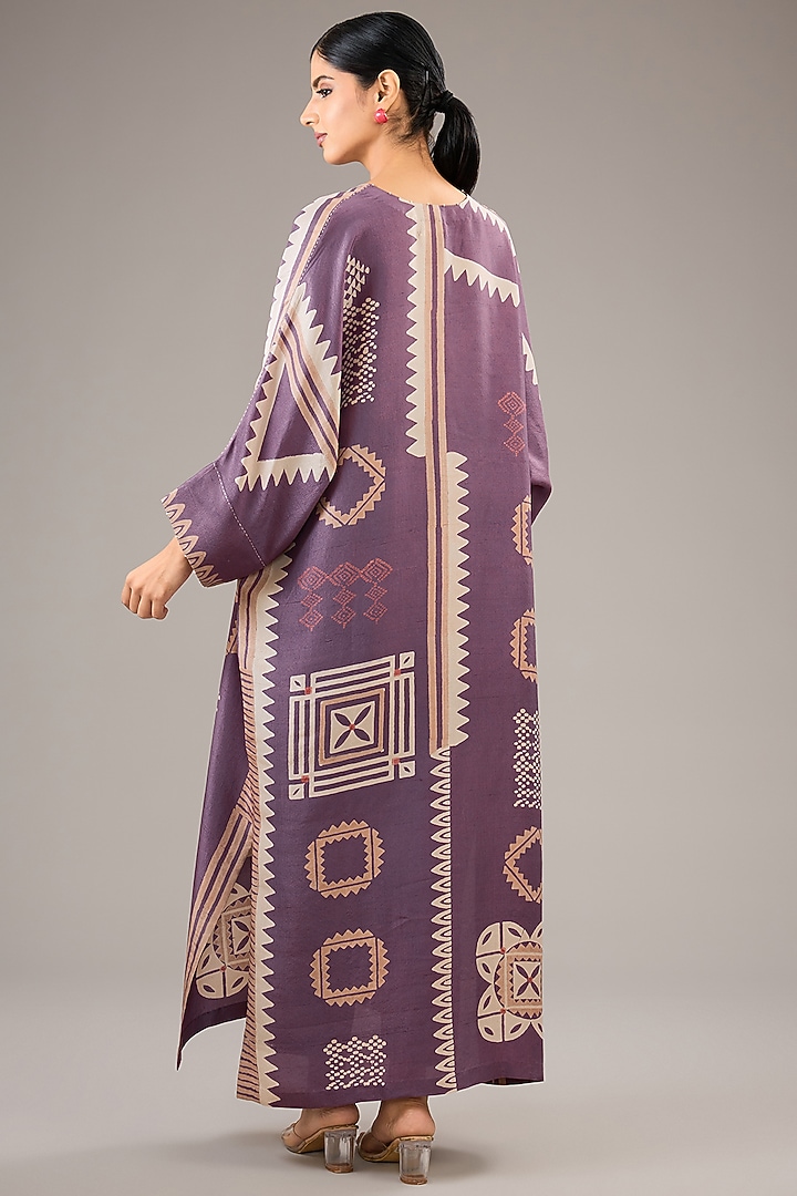 Orchid Purple Dupion Silk Block Printed Kaftan Set by Divyam Mehta at Pernia's Pop Up Shop