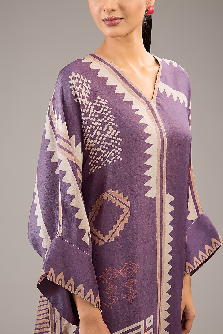Orchid Purple Dupion Silk Block Printed Kaftan Set by Divyam Mehta at Pernia's Pop Up Shop