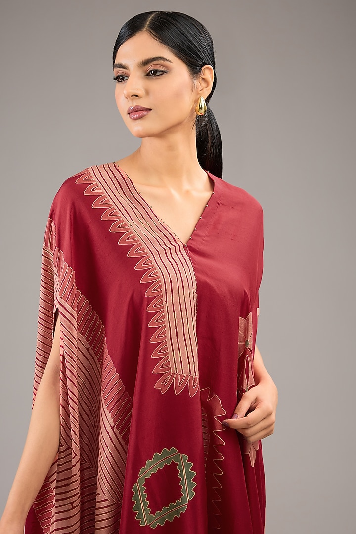 Red Mulberry Silk Block Printed Poncho Kurta Set by Divyam Mehta at Pernia's Pop Up Shop