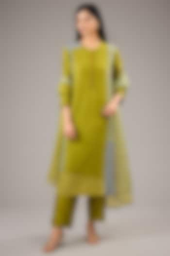 Green Crushed Mulberry Silk Bead Work Color-Blocked Kurta Set by Divyam Mehta