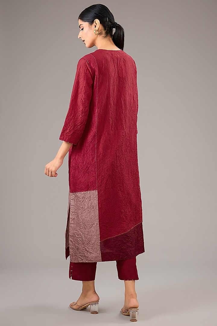 Red Crushed Mulberry Silk Bead Work Color-Blocked Kurta Set by Divyam Mehta at Pernia's Pop Up Shop