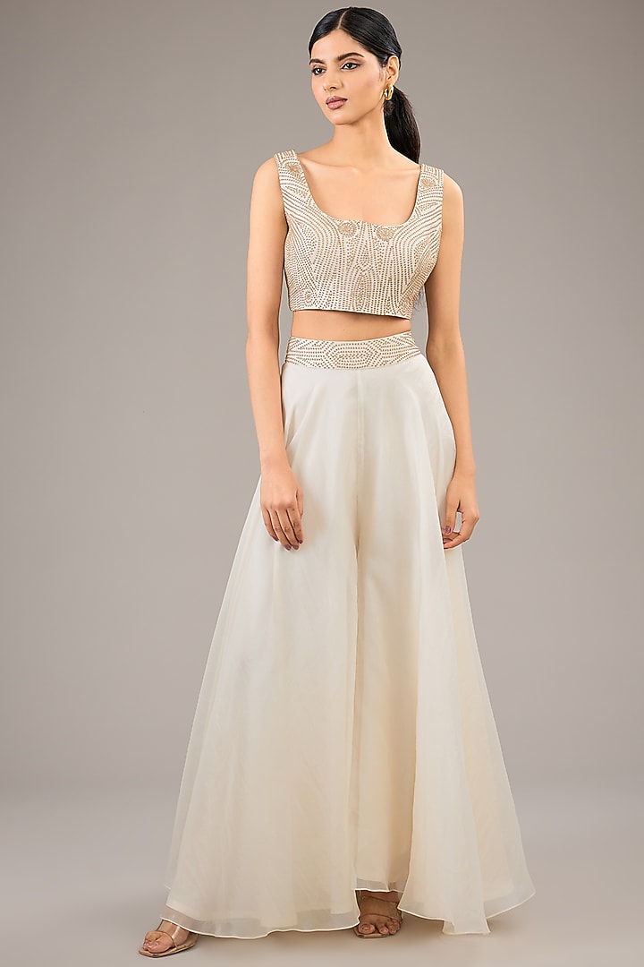 Badami Beige Silk Organza Wedding Sharara Set by Divyam Mehta at Pernia's Pop Up Shop