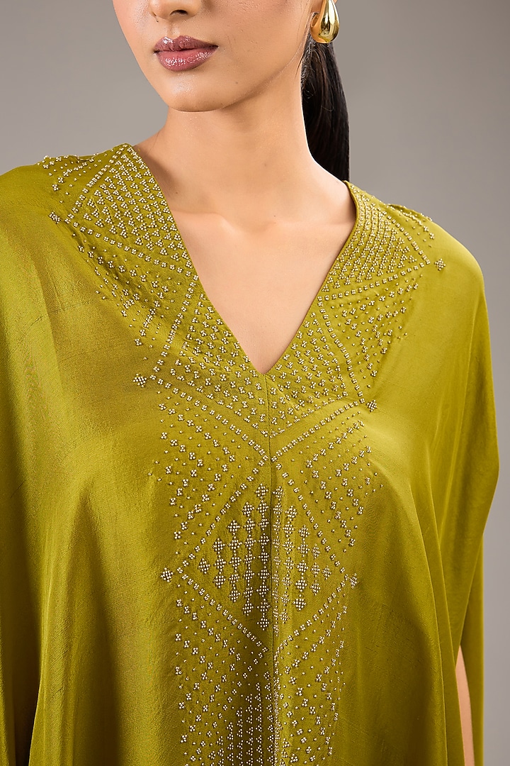 Green Dupion Silk Bead Embroidered Poncho Kurta Set by Divyam Mehta at Pernia's Pop Up Shop