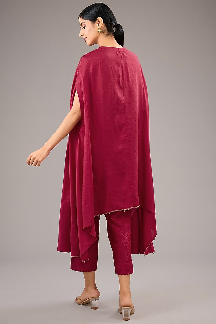 Fuchsia Dupion Silk Bead Embroidered Poncho Kurta Set by Divyam Mehta at Pernia's Pop Up Shop