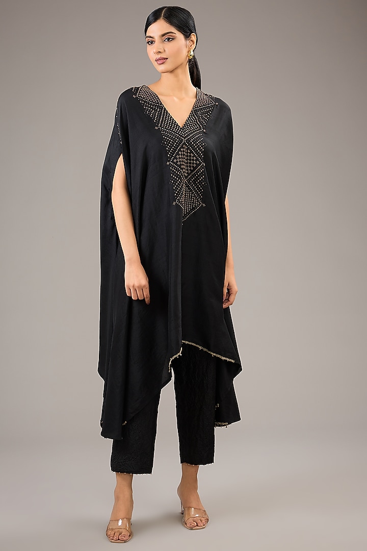 Black Dupion Silk Bead Embroidered Poncho Kurta Set by Divyam Mehta at Pernia's Pop Up Shop