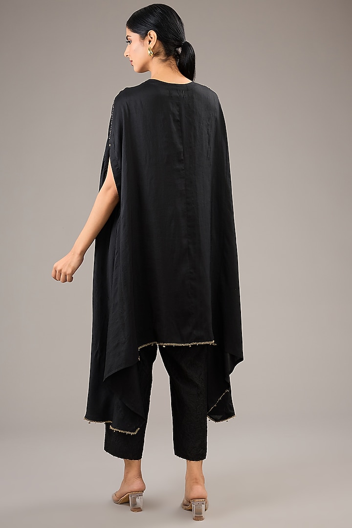 Black Dupion Silk Bead Embroidered Poncho Kurta Set by Divyam Mehta at Pernia's Pop Up Shop