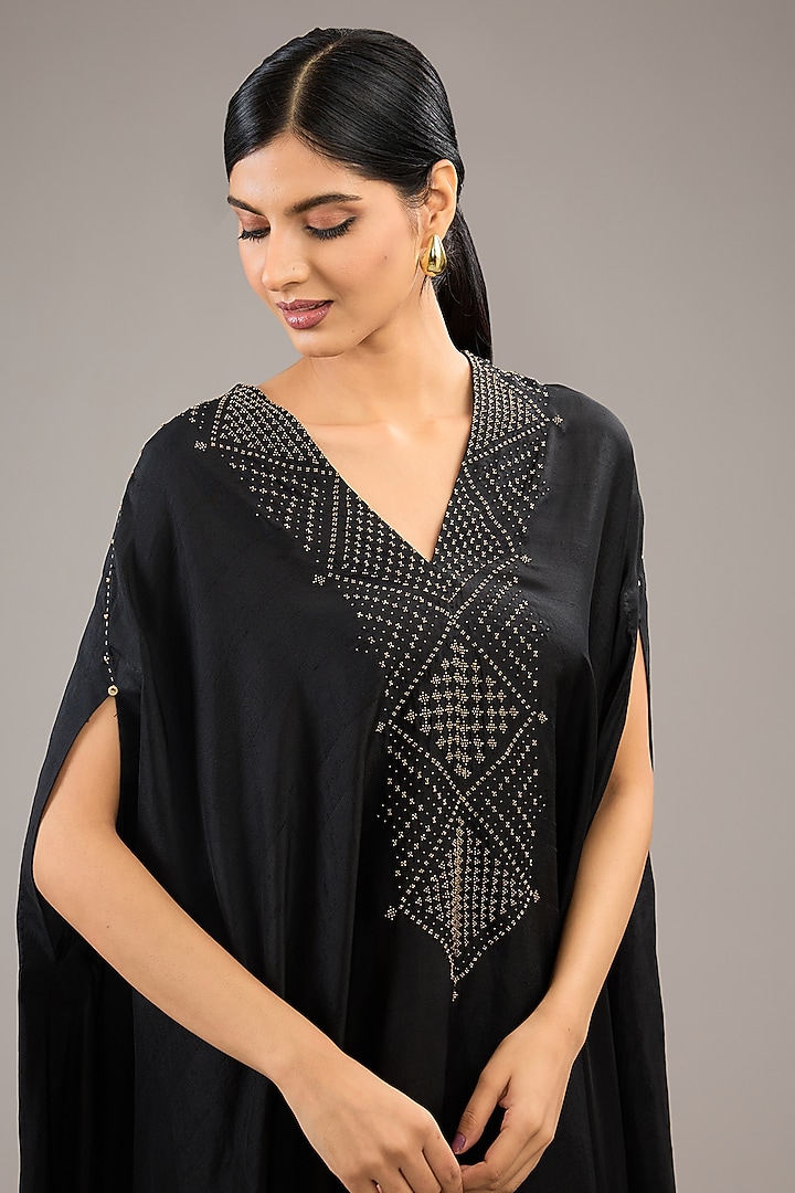 Black Dupion Silk Bead Embroidered Poncho Kurta Set by Divyam Mehta at Pernia's Pop Up Shop