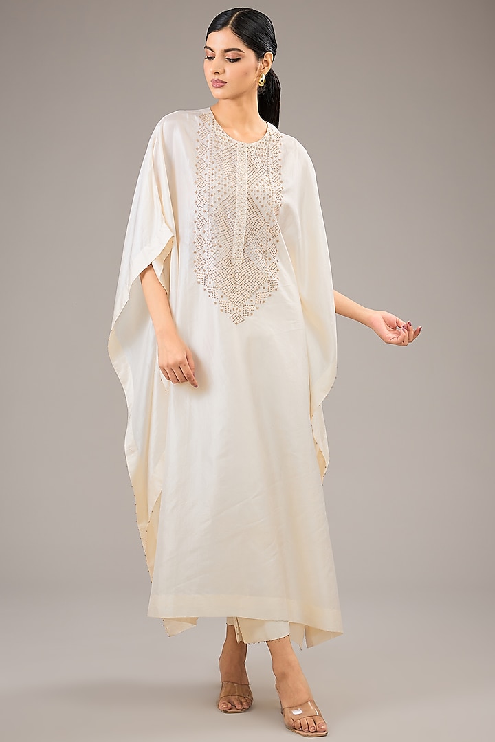 Badami Beige Mulberry Silk Bead Embroidered Kaftan Set by Divyam Mehta at Pernia's Pop Up Shop