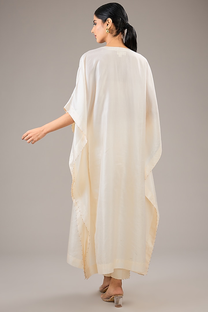 Badami Beige Mulberry Silk Bead Embroidered Kaftan Set by Divyam Mehta at Pernia's Pop Up Shop