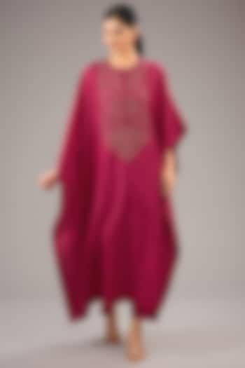 Fuchsia Mulberry Silk Bead Embroidered Kaftan Set by Divyam Mehta at Pernia's Pop Up Shop