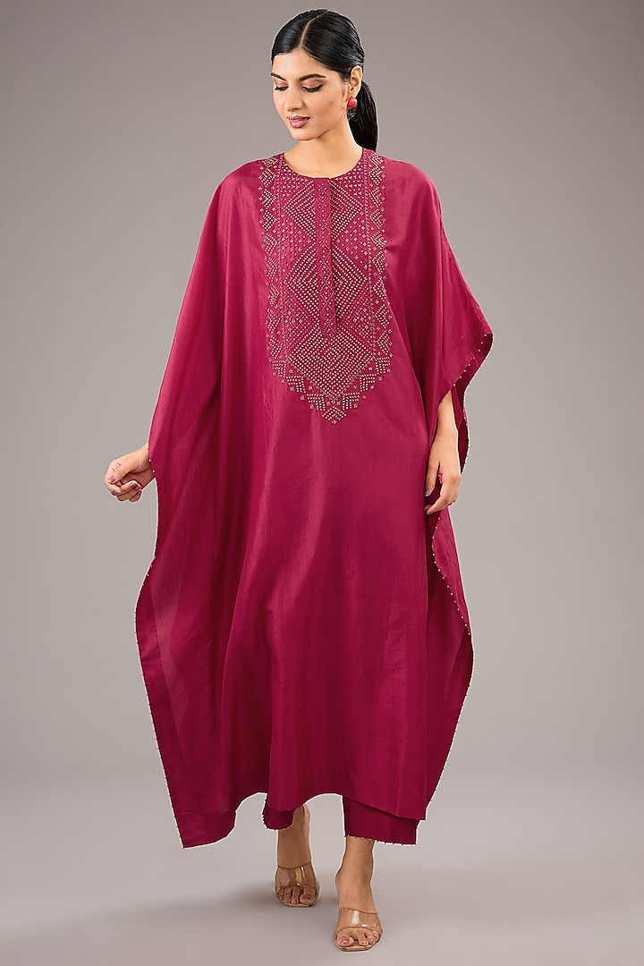 Fuchsia Mulberry Silk Bead Embroidered Kaftan Set by Divyam Mehta at Pernia's Pop Up Shop