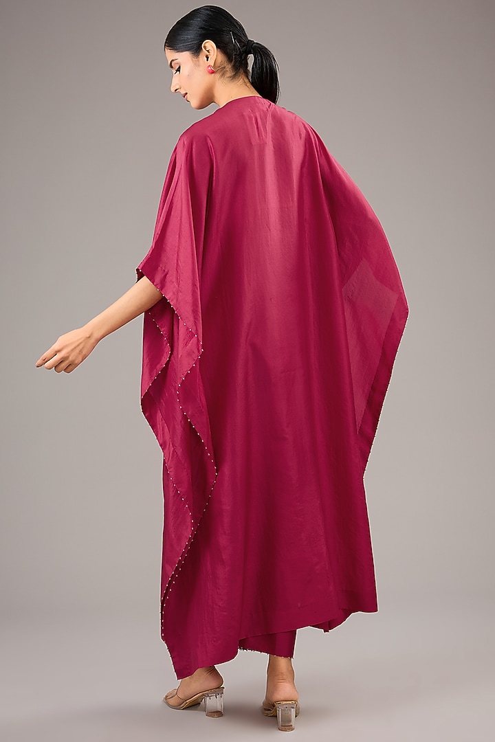 Fuchsia Mulberry Silk Bead Embroidered Kaftan Set by Divyam Mehta at Pernia's Pop Up Shop