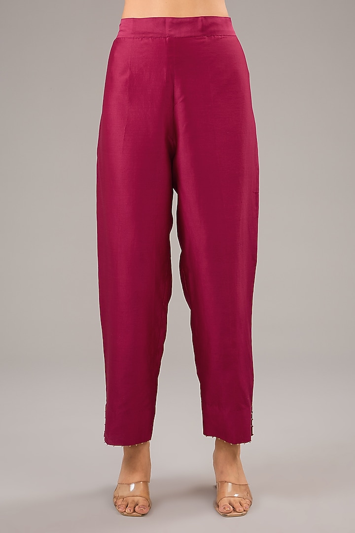 Fuchsia Mulberry Silk Bead Embroidered Kaftan Set by Divyam Mehta at Pernia's Pop Up Shop