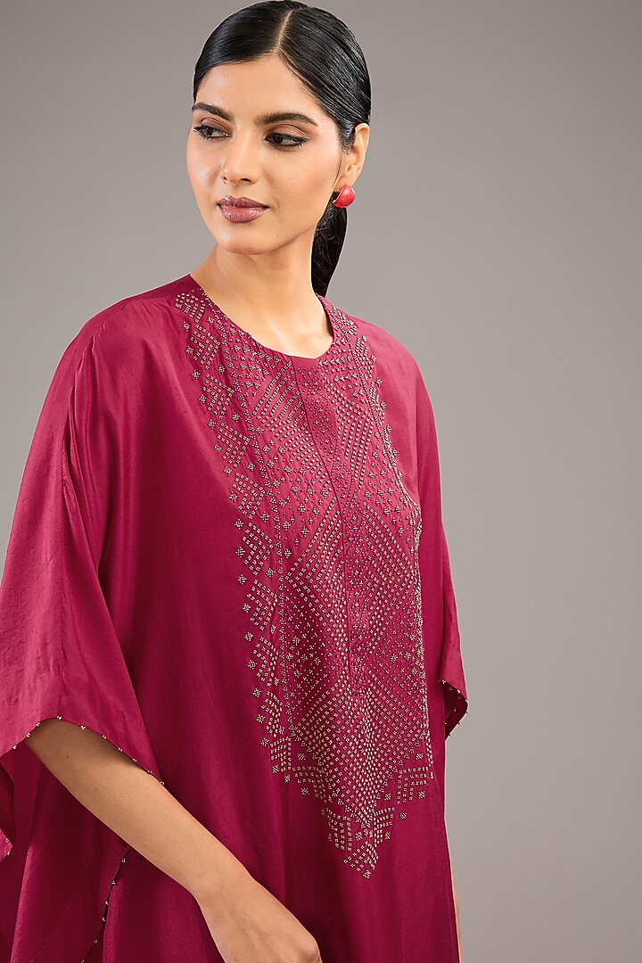 Fuchsia Mulberry Silk Bead Embroidered Kaftan Set by Divyam Mehta at Pernia's Pop Up Shop
