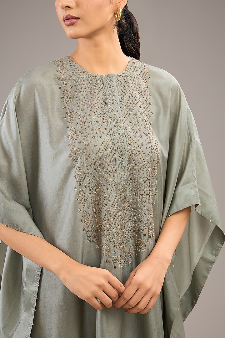 Blue Mulberry Silk Bead Embroidered Kaftan Set by Divyam Mehta at Pernia's Pop Up Shop