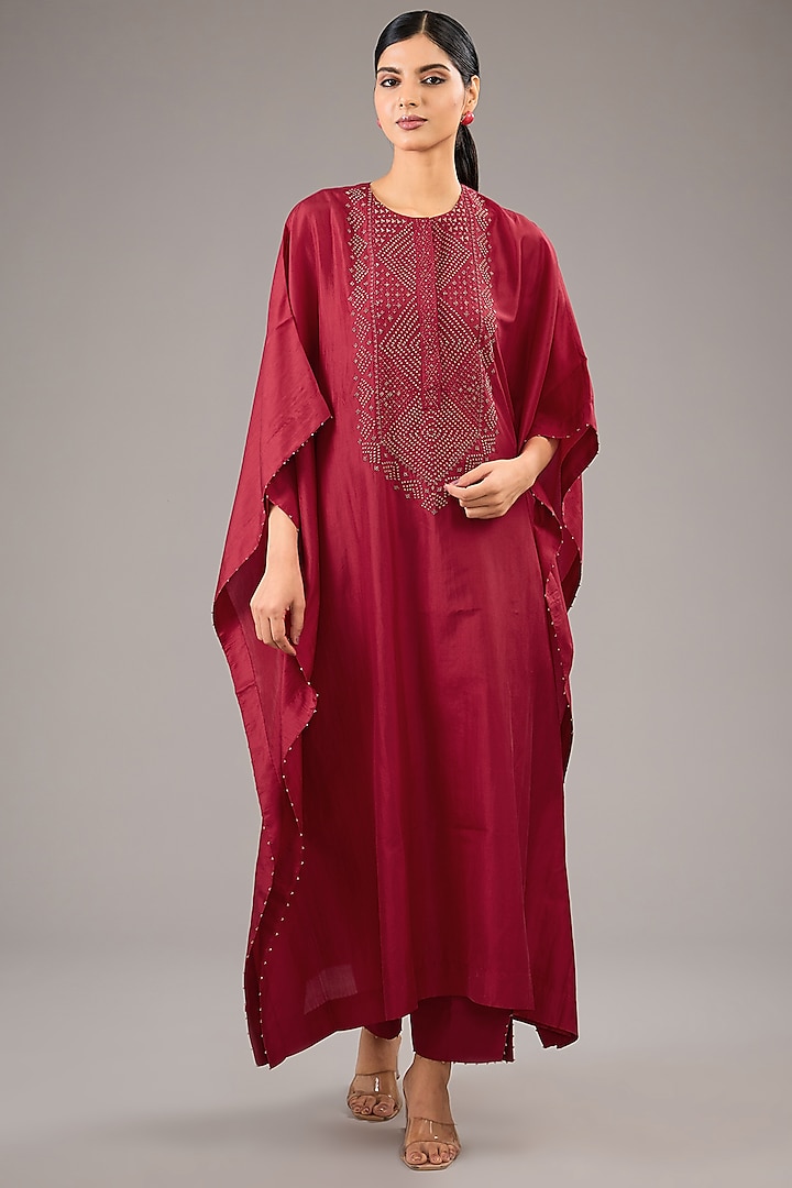 Red Mulberry Silk Bead Embroidered Kaftan Set by Divyam Mehta at Pernia's Pop Up Shop