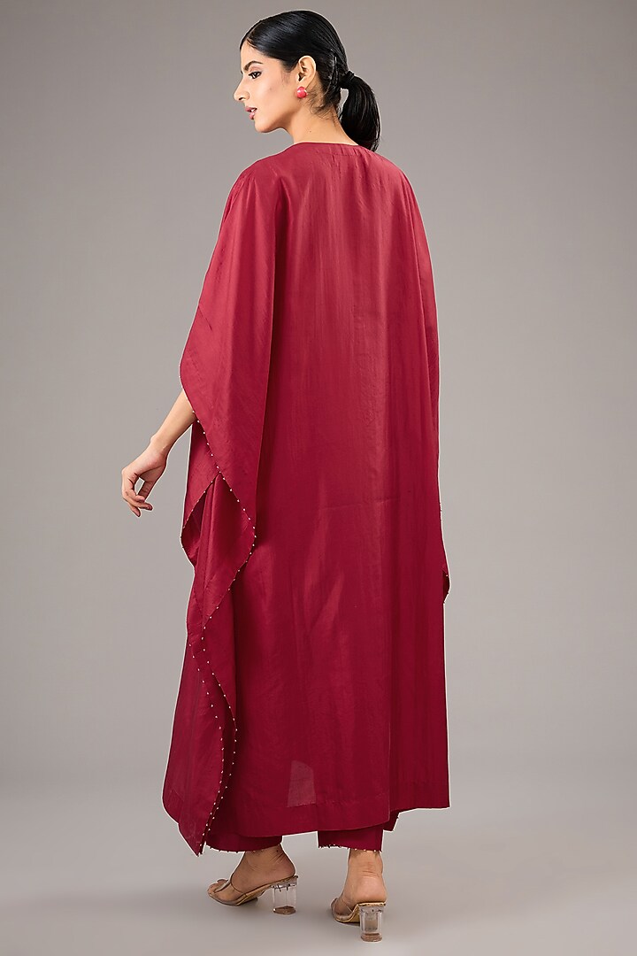 Red Mulberry Silk Bead Embroidered Kaftan Set by Divyam Mehta at Pernia's Pop Up Shop