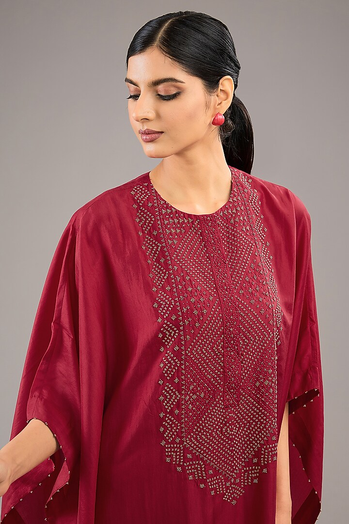 Red Mulberry Silk Bead Embroidered Kaftan Set by Divyam Mehta at Pernia's Pop Up Shop