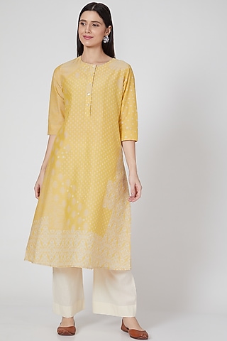 Nimbu Yellow Printed Button Down Tunic by Divyam Mehta