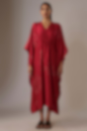 Valentine Red Mulberry Silk Bandhani Kaftan by Divyam Mehta