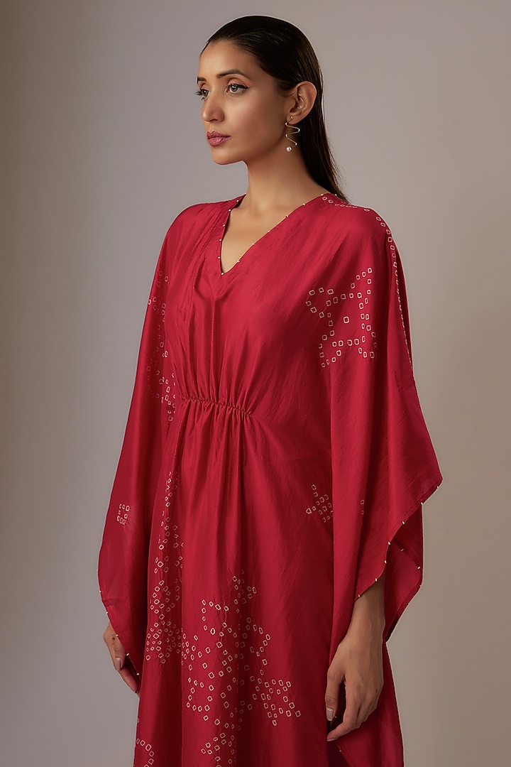 Valentine Red Mulberry Silk Bandhani Kaftan by Divyam Mehta at Pernia's Pop Up Shop