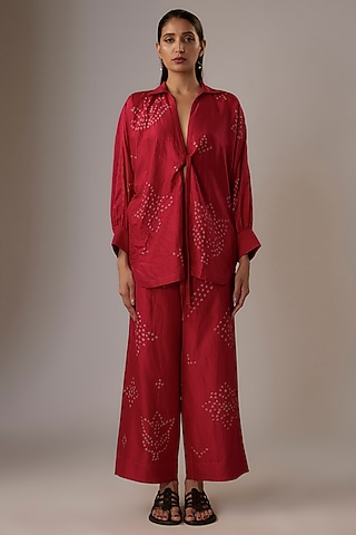 Valentine Red Mulberry Silk Bandhani Co-Ord Set by Divyam Mehta