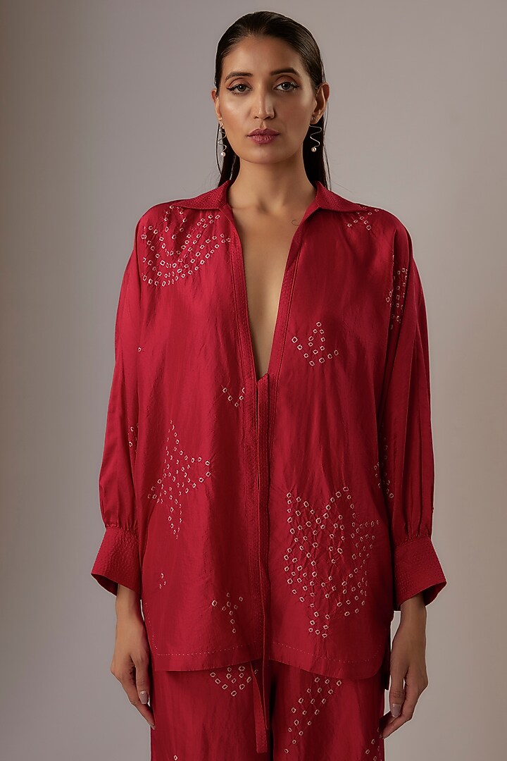 Valentine Red Mulberry Silk Bandhani Co-Ord Set by Divyam Mehta at Pernia's Pop Up Shop