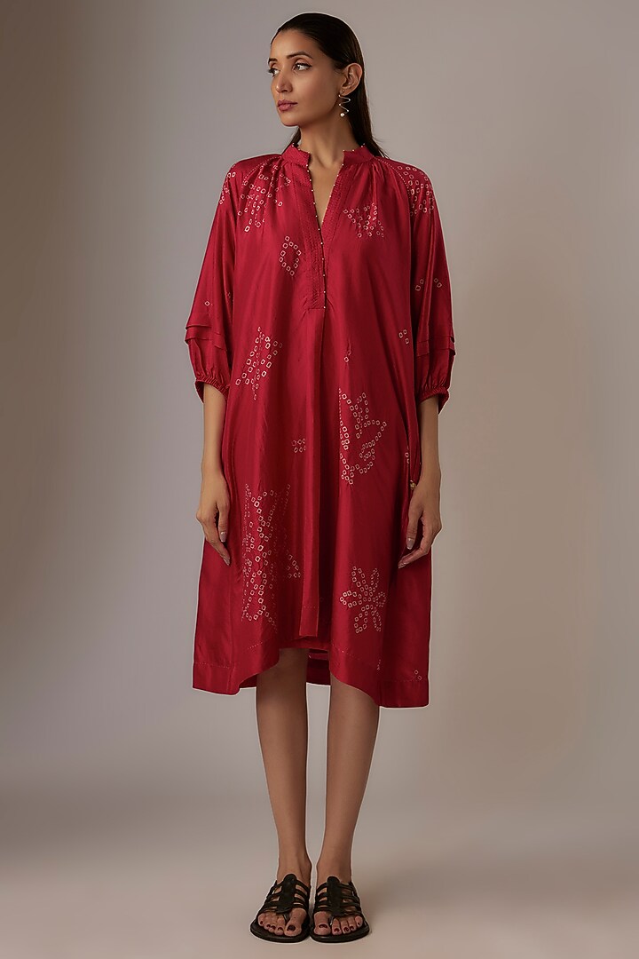 Valentine Red Mulberry Silk Bandhani Vacation Dress by Divyam Mehta at Pernia's Pop Up Shop