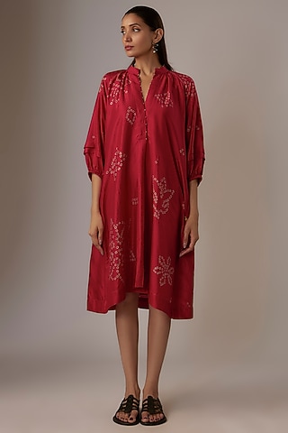 Valentine Red Mulberry Silk Bandhani Dress by Divyam Mehta