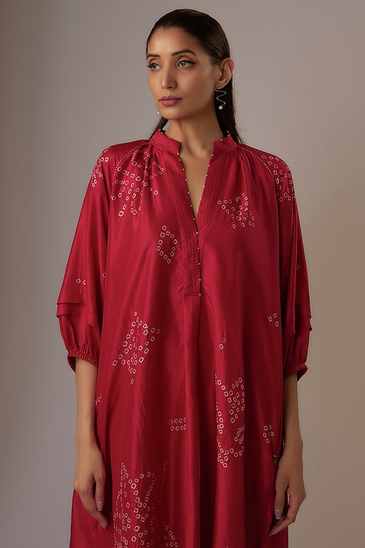Valentine Red Mulberry Silk Bandhani Vacation Dress by Divyam Mehta at Pernia's Pop Up Shop