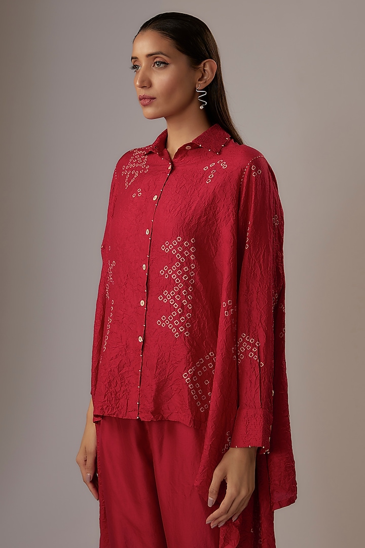 Valentine Red Mulberry Silk Bandhani Shirt by Divyam Mehta