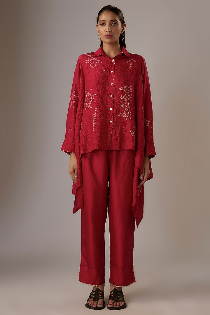 Valentine Red Mulberry Silk Bandhani Shirt by Divyam Mehta at Pernia's Pop Up Shop