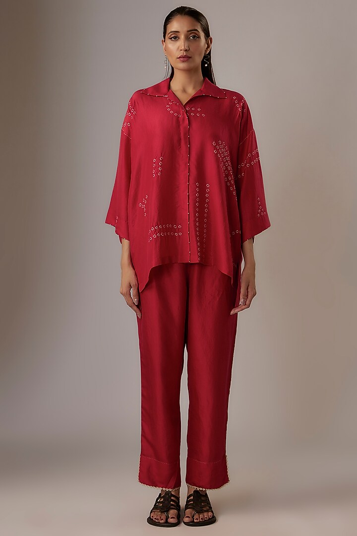 Valentine Red Mulberry Silk Bandhani Shirt by Divyam Mehta at Pernia's Pop Up Shop