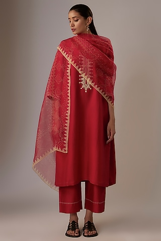 Valentine Red Mulberry Silk Embroidered Kurta Set by Divyam Mehta