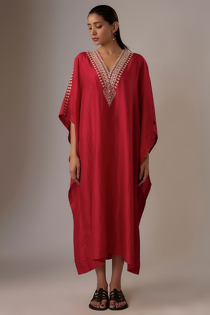 Valentine Red Mulberry Silk Hand Embroidered Kaftan by Divyam Mehta