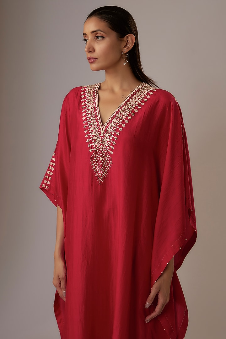 Valentine Red Mulberry Silk Hand Embroidered Kaftan by Divyam Mehta at Pernia's Pop Up Shop