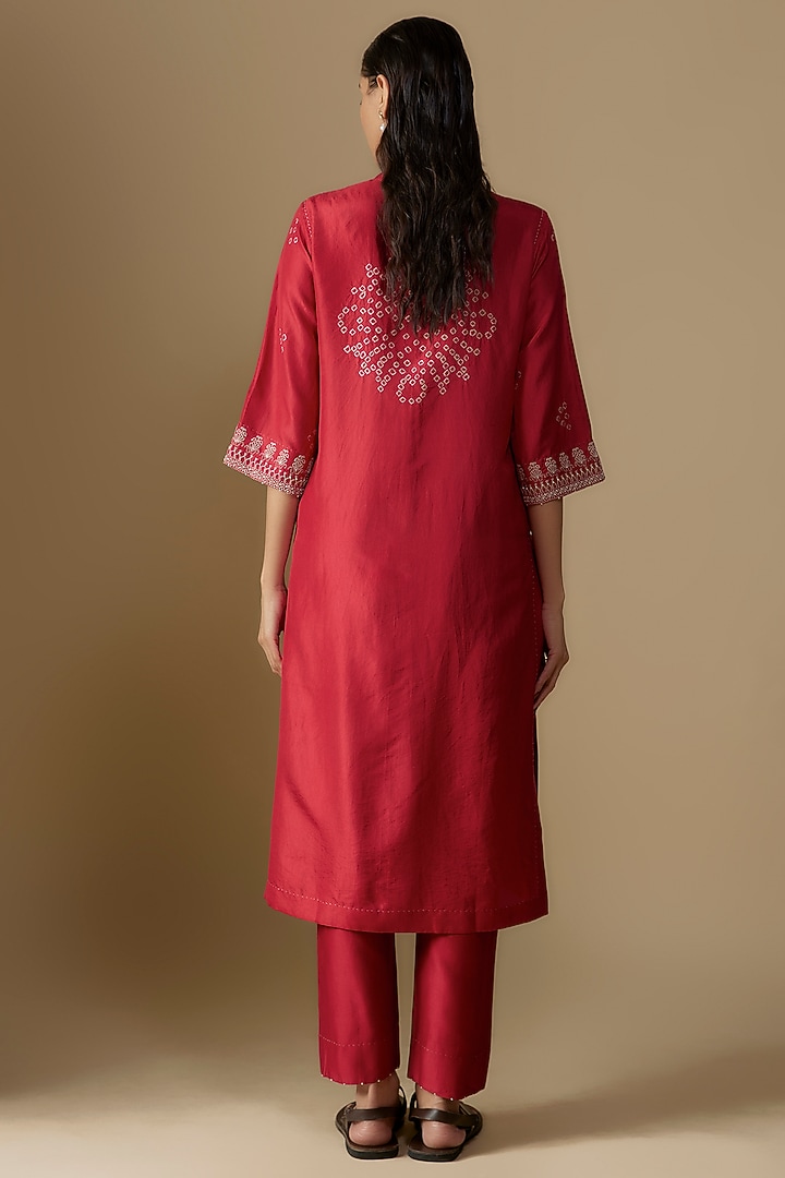 Red Mulberry Silk Hand-Dyed Bandhani Printed Kurta Set by Divyam Mehta at Pernia's Pop Up Shop