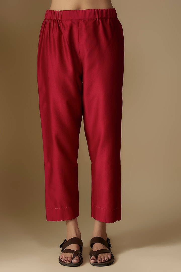 Red Mulberry Silk Hand-Dyed Bandhani Printed Kurta Set by Divyam Mehta at Pernia's Pop Up Shop