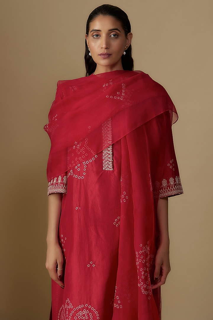 Red Mulberry Silk Hand-Dyed Bandhani Printed Kurta Set by Divyam Mehta at Pernia's Pop Up Shop