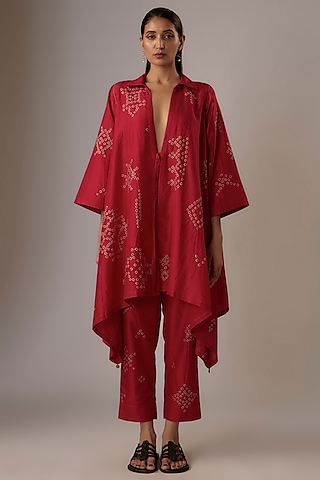 Valentine Red Mulberry Silk Bandhani Co-Ord Set by Divyam Mehta