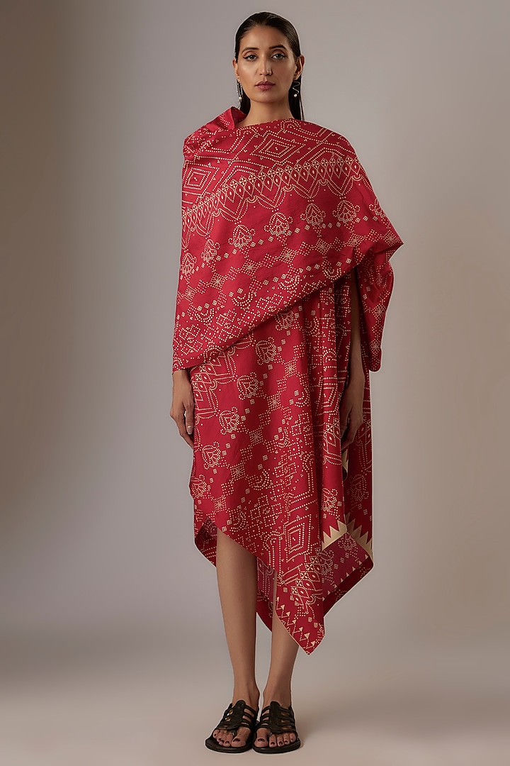Valentine Red Silk Crepe Block Printed Draped Dress by Divyam Mehta
