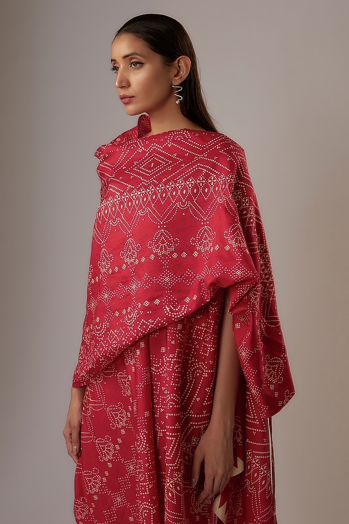 Valentine Red Silk Block Printed Draped Vacation Dress by Divyam Mehta at Pernia's Pop Up Shop