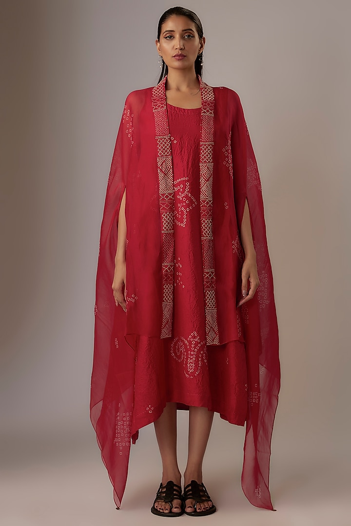 Valentine Red Mulberry Silk Handmade Bandhani Jacket Dress by Divyam Mehta at Pernia's Pop Up Shop