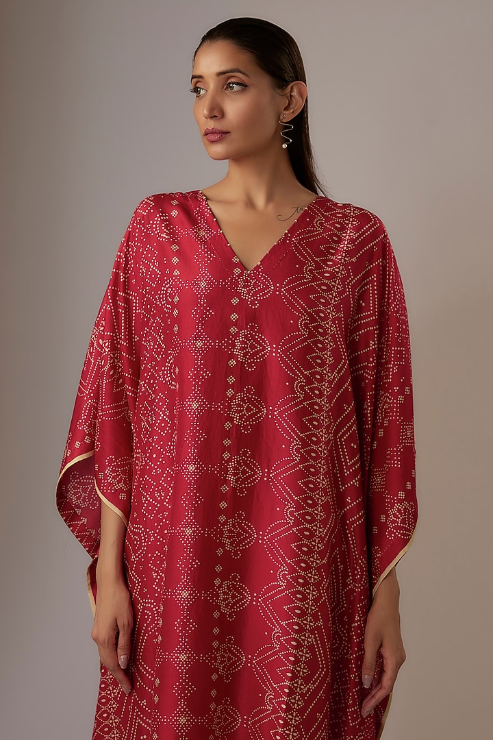Valentine Red Mulberry Silk Block Printed Kaftan by Divyam Mehta at Pernia's Pop Up Shop