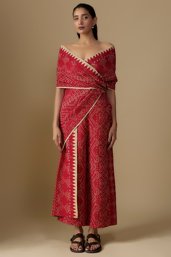 Red Matka Silk Block Printed Draped Saree  by Divyam Mehta