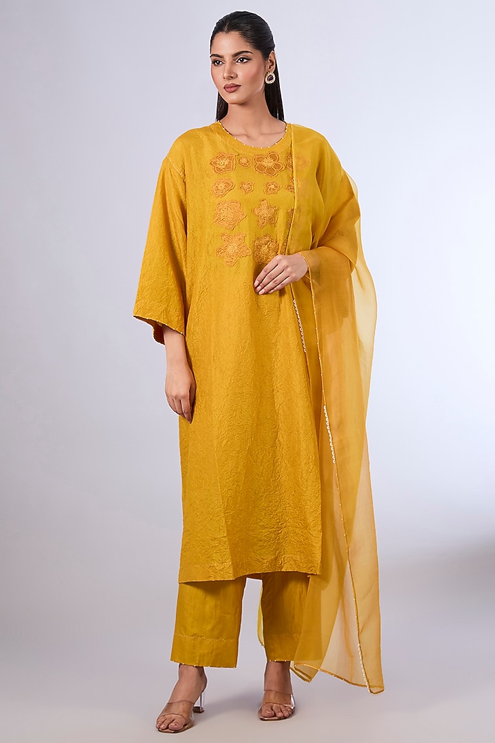 Yellow Mulberry Silk Kurta Set by Divyam Mehta at Pernia's Pop Up Shop