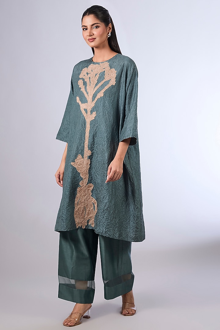 Blue Mulberry Silk Kurta Set by Divyam Mehta at Pernia's Pop Up Shop