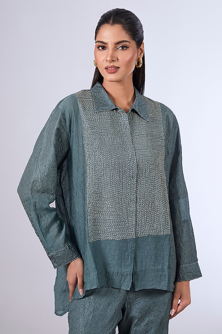 Blue Mulberry Silk Shirt by Divyam Mehta at Pernia's Pop Up Shop